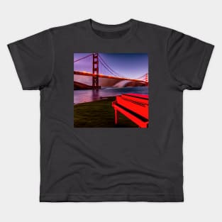 A Red Piano Looking Out At The Golden Gate Bridge At Dusk. Kids T-Shirt